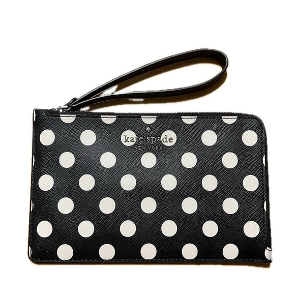Kate Spade New York Medium L-Zip Wristlet Saffiano Leather Polka Dot Black, NWOT - Picture 2 of 8